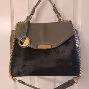 NWOT VERSACE COLLECTION DARK GREEN CALF LEATHER & PONY HAIR SATCHEL BAG $2,099